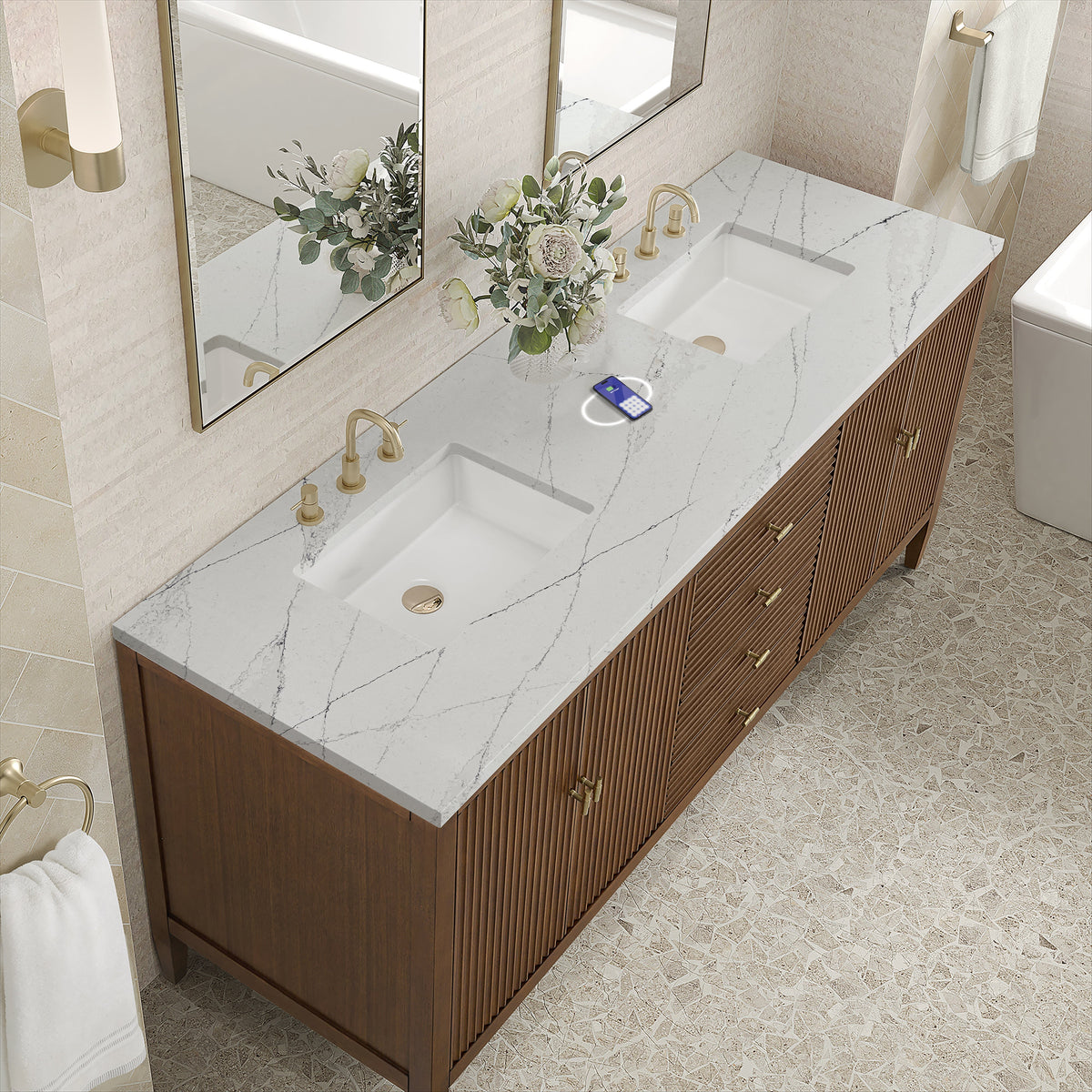 James Martin Myrrin 72" Double Bathroom Vanity, Mid-Century Walnut with Ethereal Noctis (FreePower) countertop