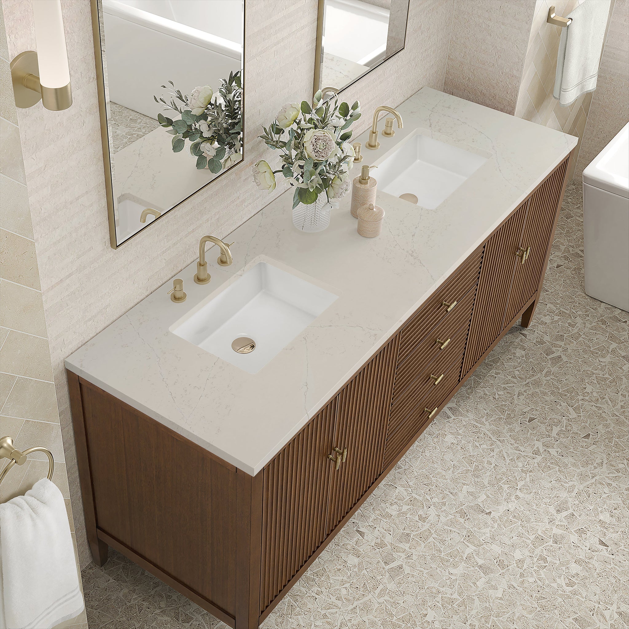 James Martin Myrrin 72" Double Bathroom Vanity, Mid-Century Walnut with Siberian countertop