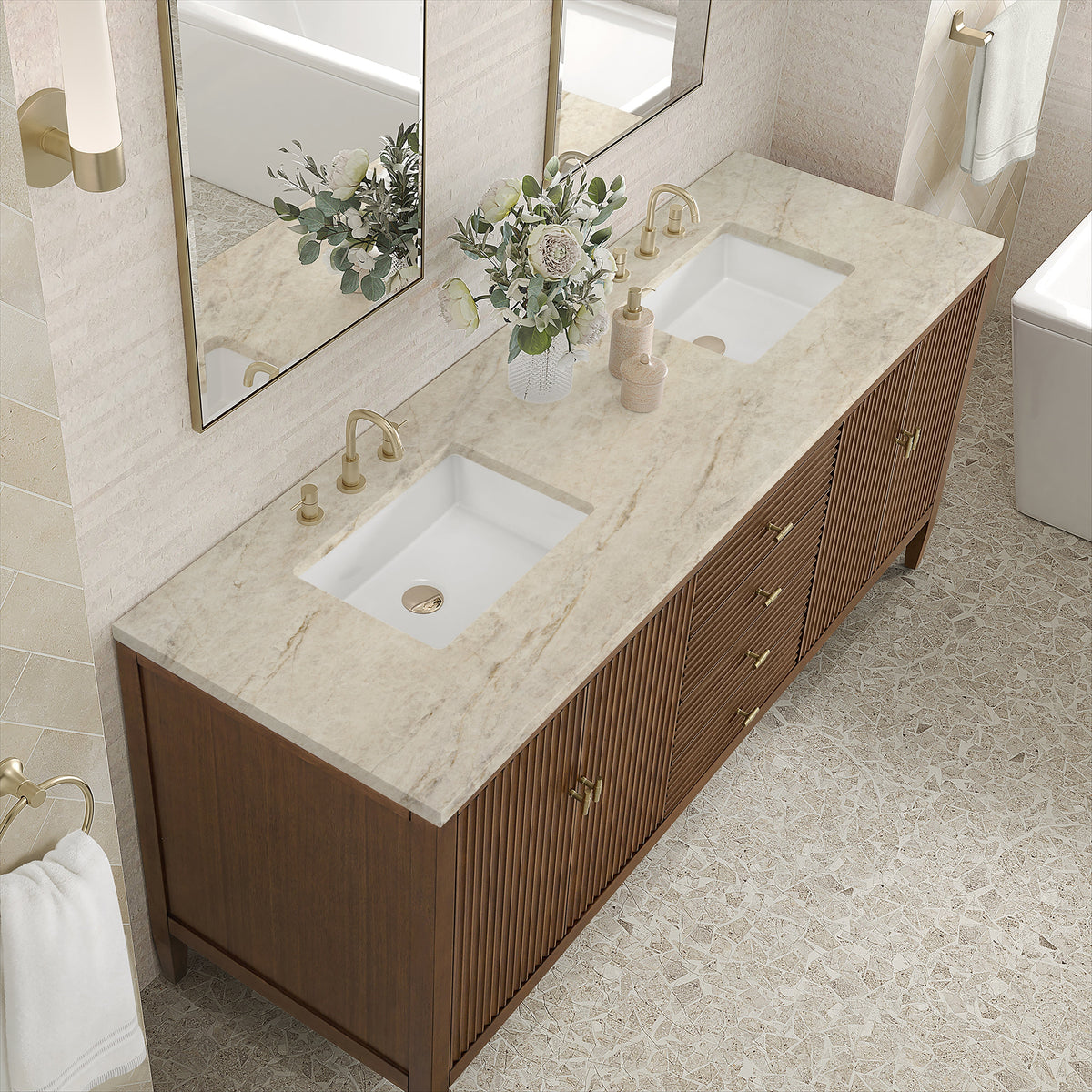 James Martin Myrrin 72" Double Bathroom Vanity, Mid-Century Walnut with Tajnar countertop