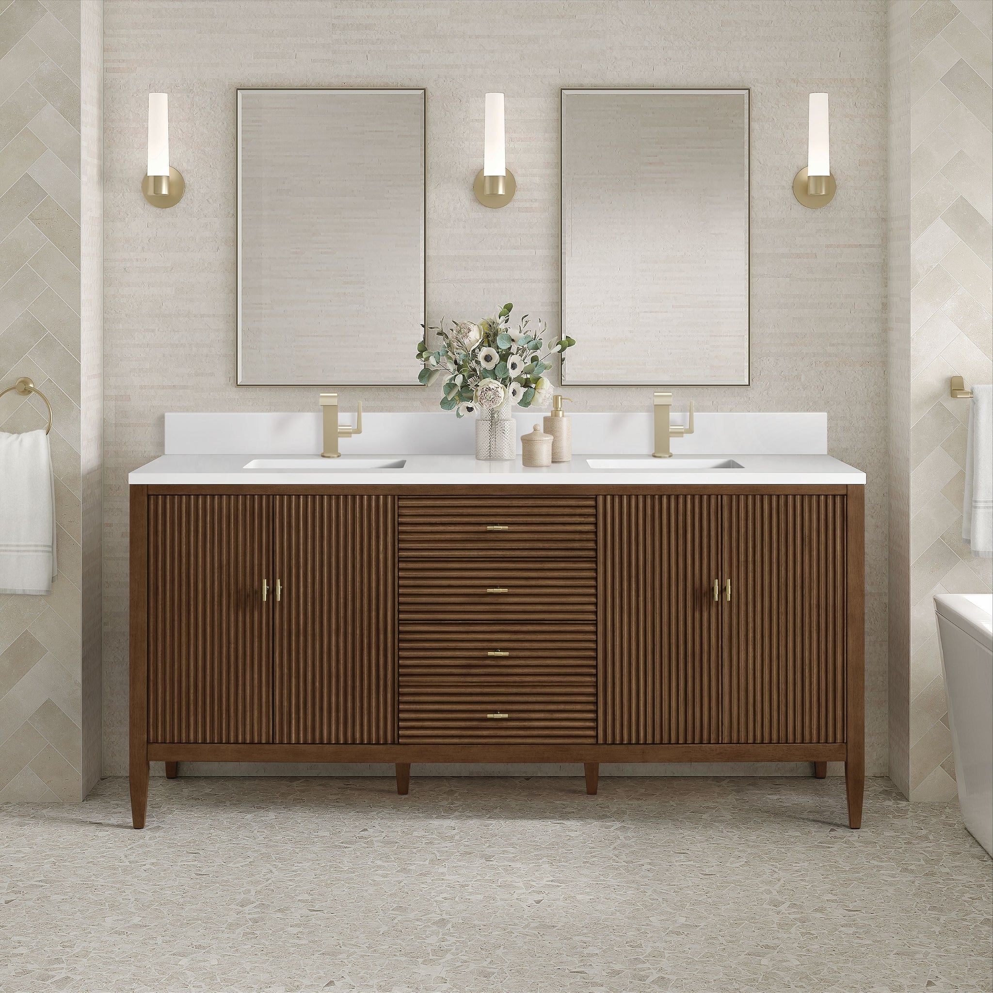 James Martin Myrrin 72" Single Bathroom Vanity, Mid-Century Walnut with White Zeus countertop