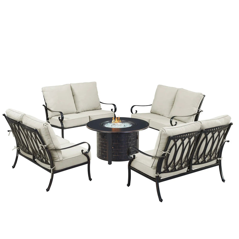 Black Aluminum Fire Table Set with Four Deep Seating Loveseats by Sharicks