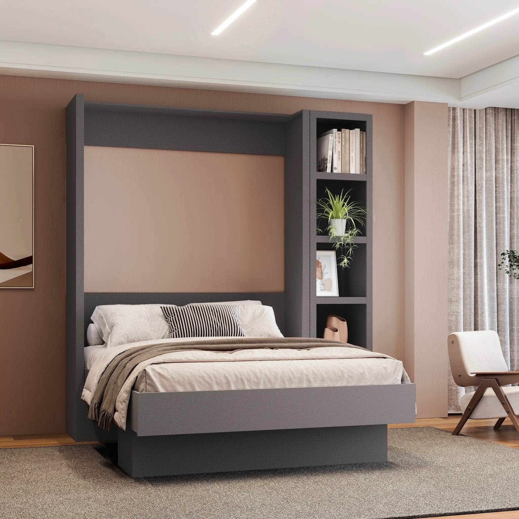 Easy-Lift Full Murphy Wall Bed in Dark Grey with Bookshelf by Sharicks