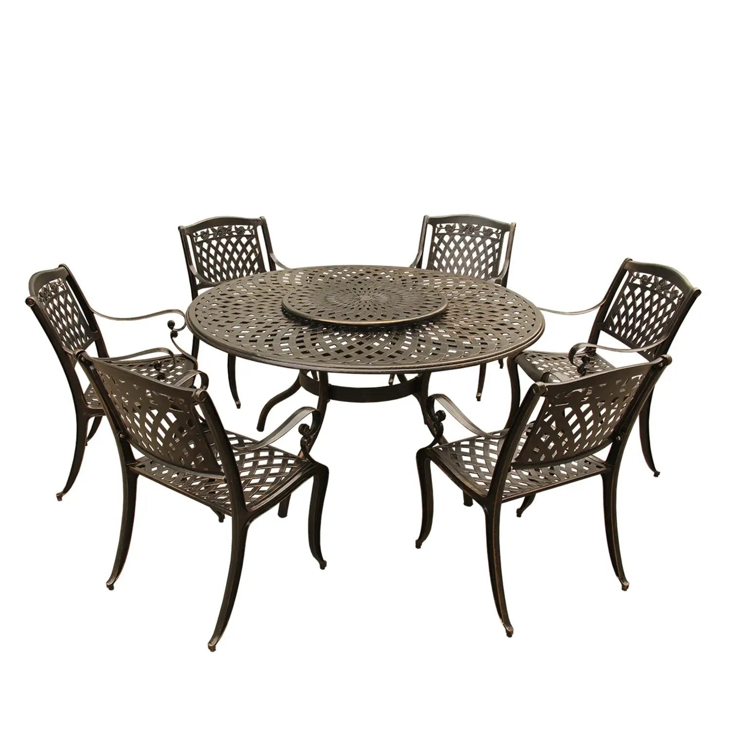 Outdoor Aluminum 7pc Round Patio Dining Set, Lazy Susan, Six Chairs by Sharicks