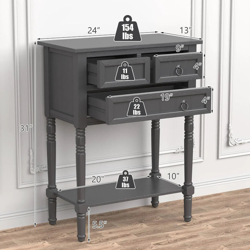 Narrow Console Table with 3 Storage Drawers and Open Bottom Shelf by DirectDeals
