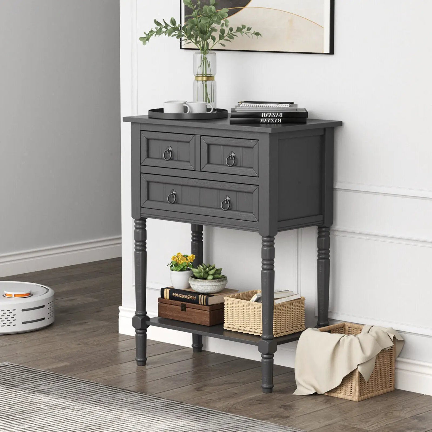 Narrow Console Table with 3 Storage Drawers and Open Bottom Shelf by DirectDeals