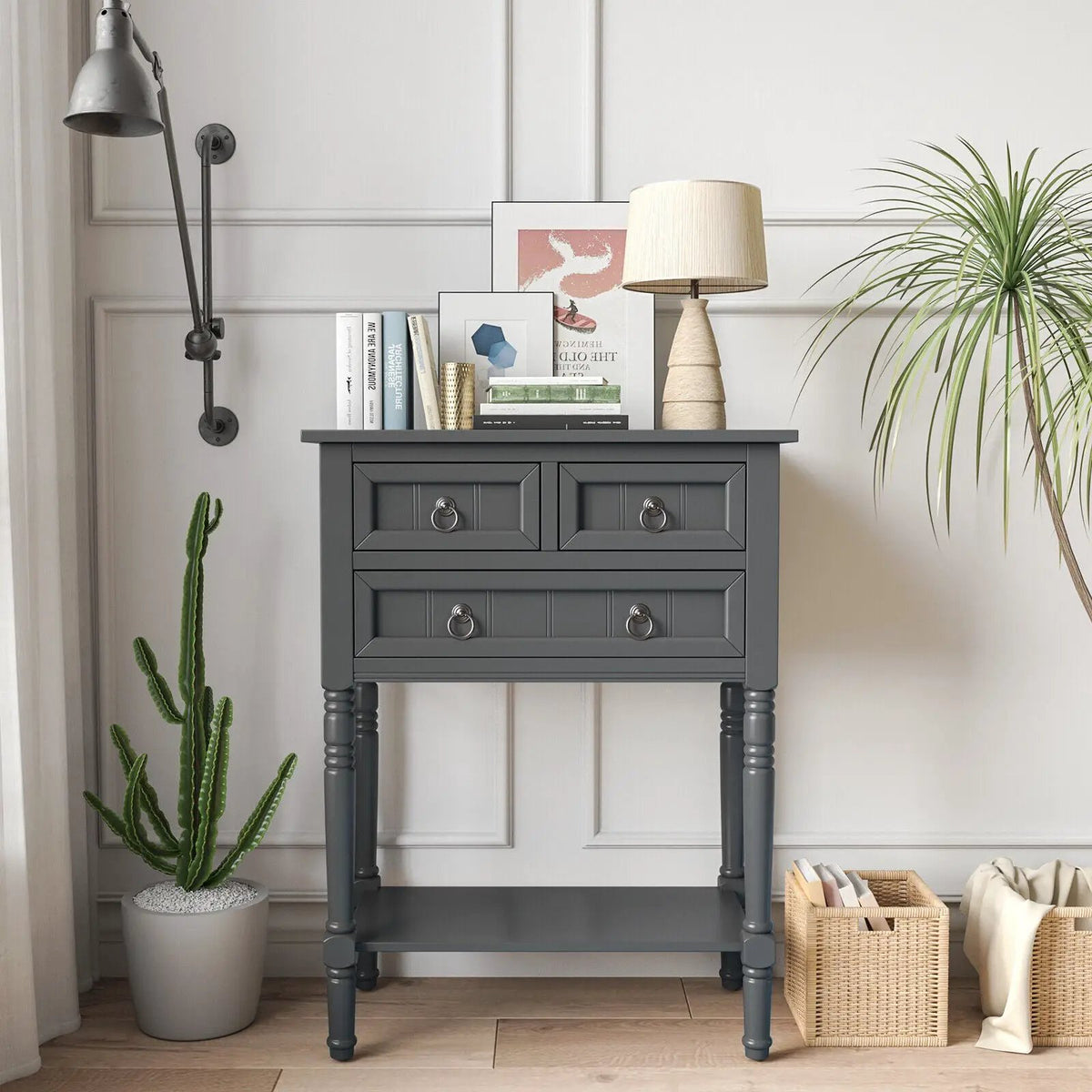 Narrow Console Table with 3 Storage Drawers and Open Bottom Shelf by DirectDeals