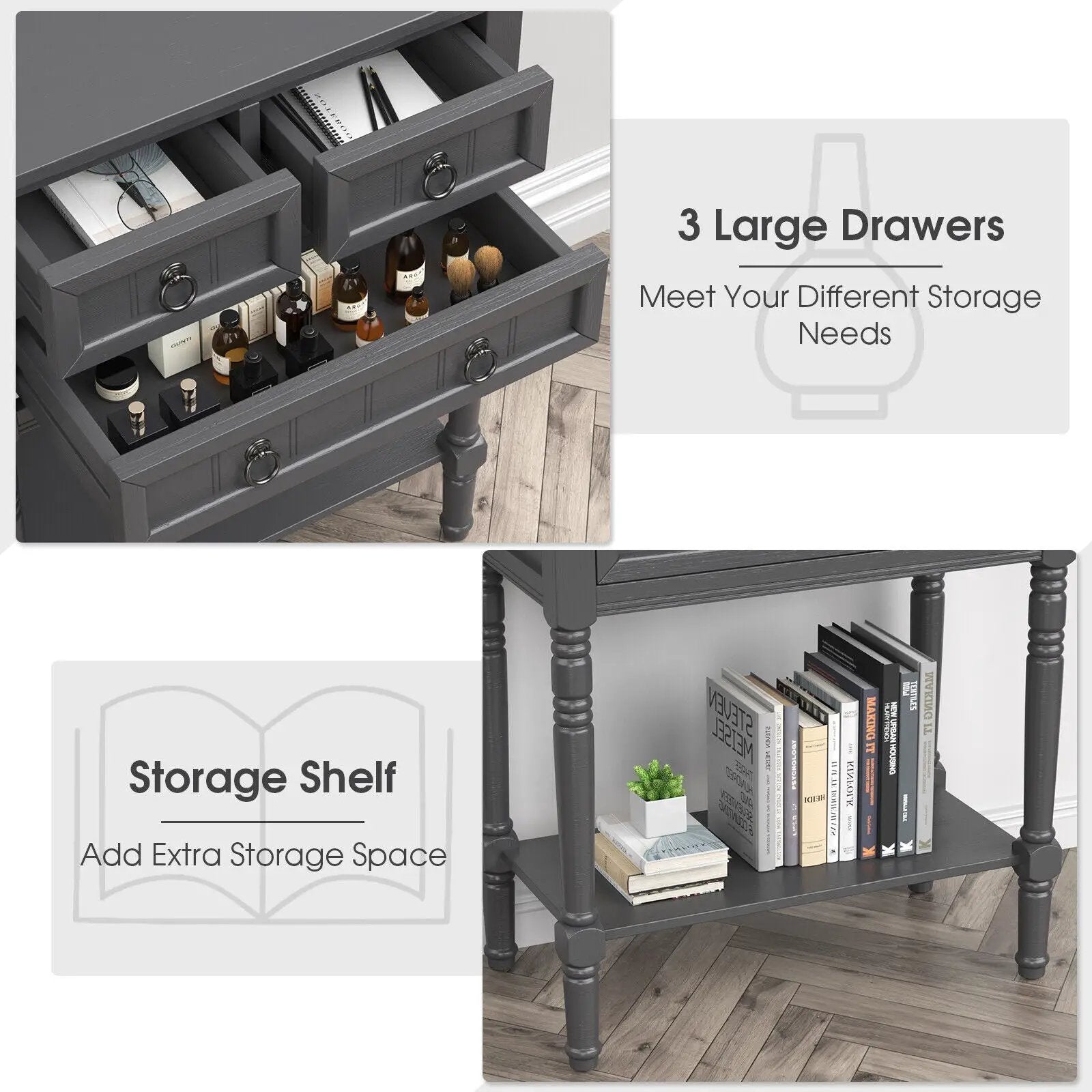 Narrow Console Table with 3 Storage Drawers and Open Bottom Shelf by DirectDeals