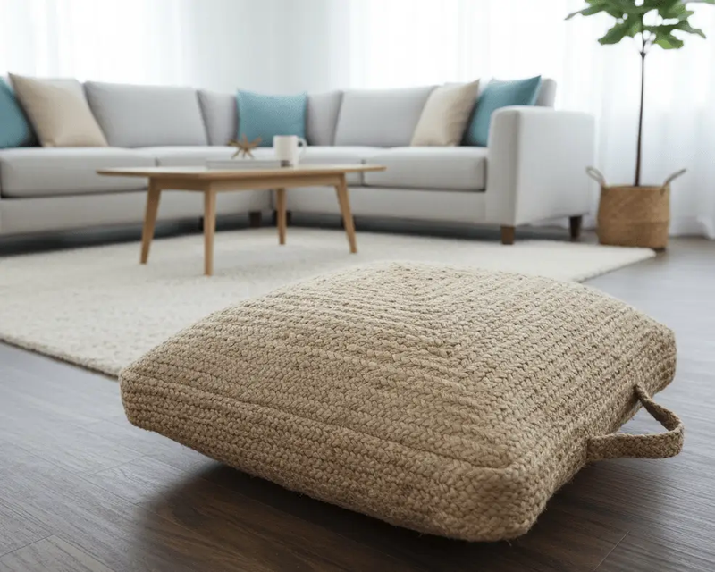 Natural Brown Hand Braided boho square Jute Square Pouf by The Rug Decor