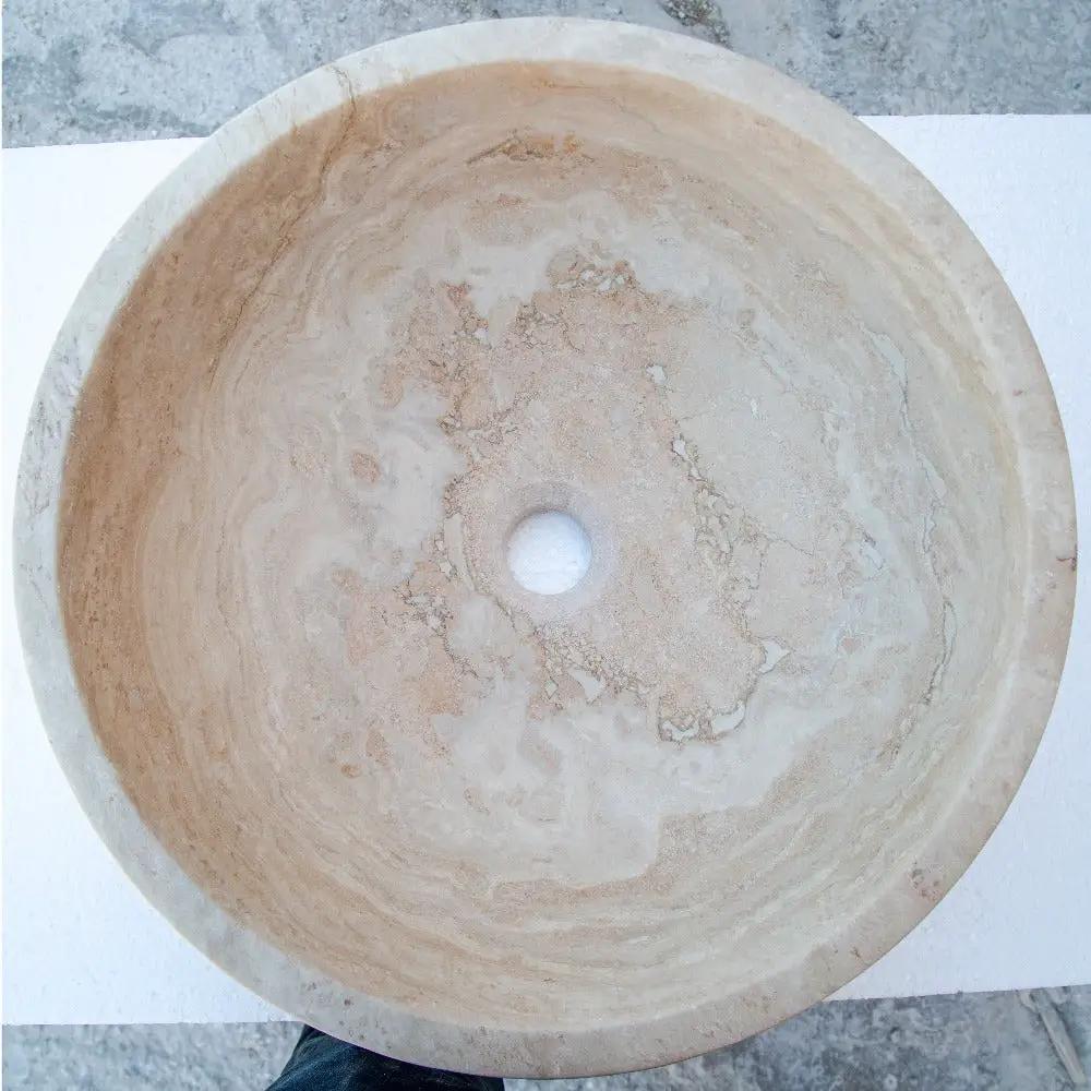 Beige Travertine Natural Stone Round Vessel Sink Honed and Filled 18 Inch Diameter by GobekDesign