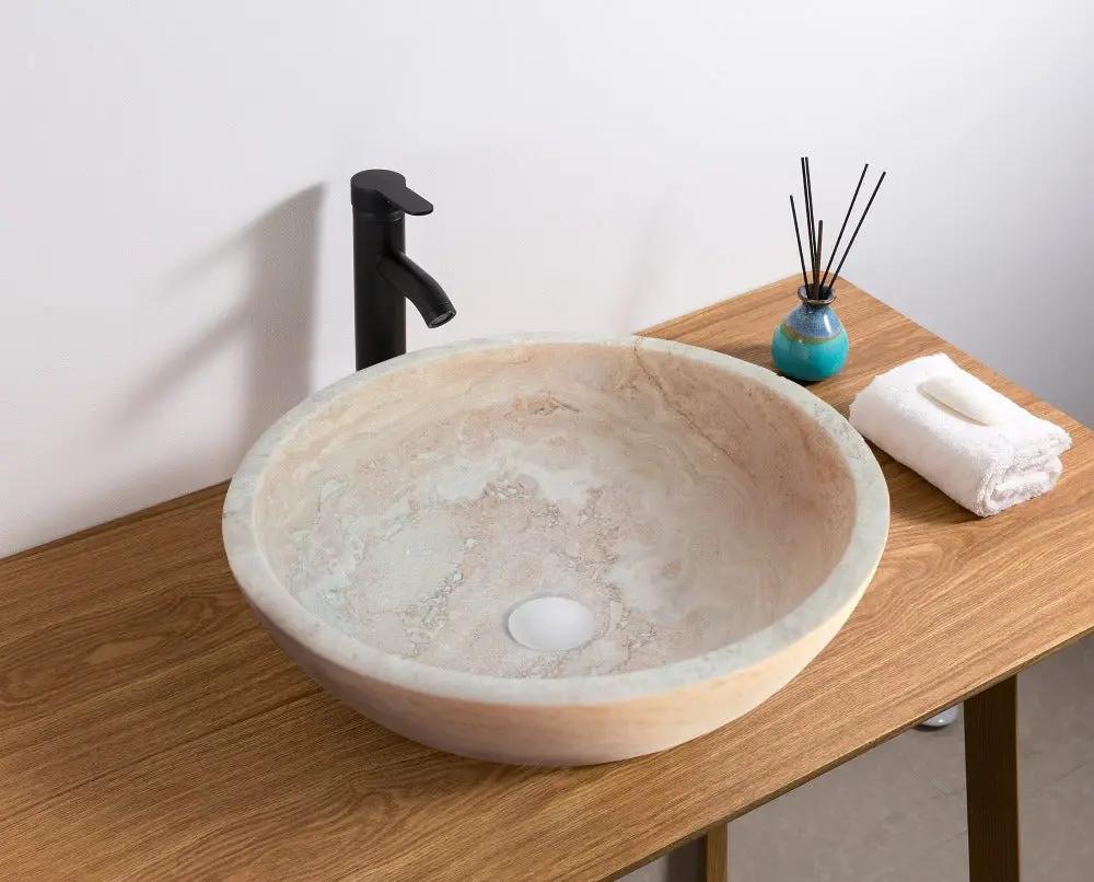 Beige Travertine Natural Stone Round Vessel Sink Honed and Filled 18 Inch Diameter by GobekDesign