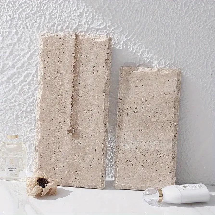 Natural Stone Hand-Carved Weathered Edge Coaster & Tray Set - Beige/ Eroded Texture, Non-Slip Rectangular Tabletop Organizer with Rounded Edges, Multi-Size Stone Coasters and Tray for Minimalist Vanity, Bathroom, Kitchen, Cof by House Of Avana