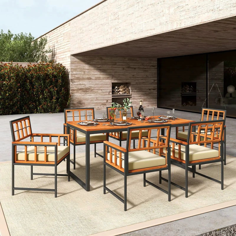 7 Pieces Patio Acacia Wood Dining Set with Soft Cushions and Umbrella Hole-Natural by DirectDeals