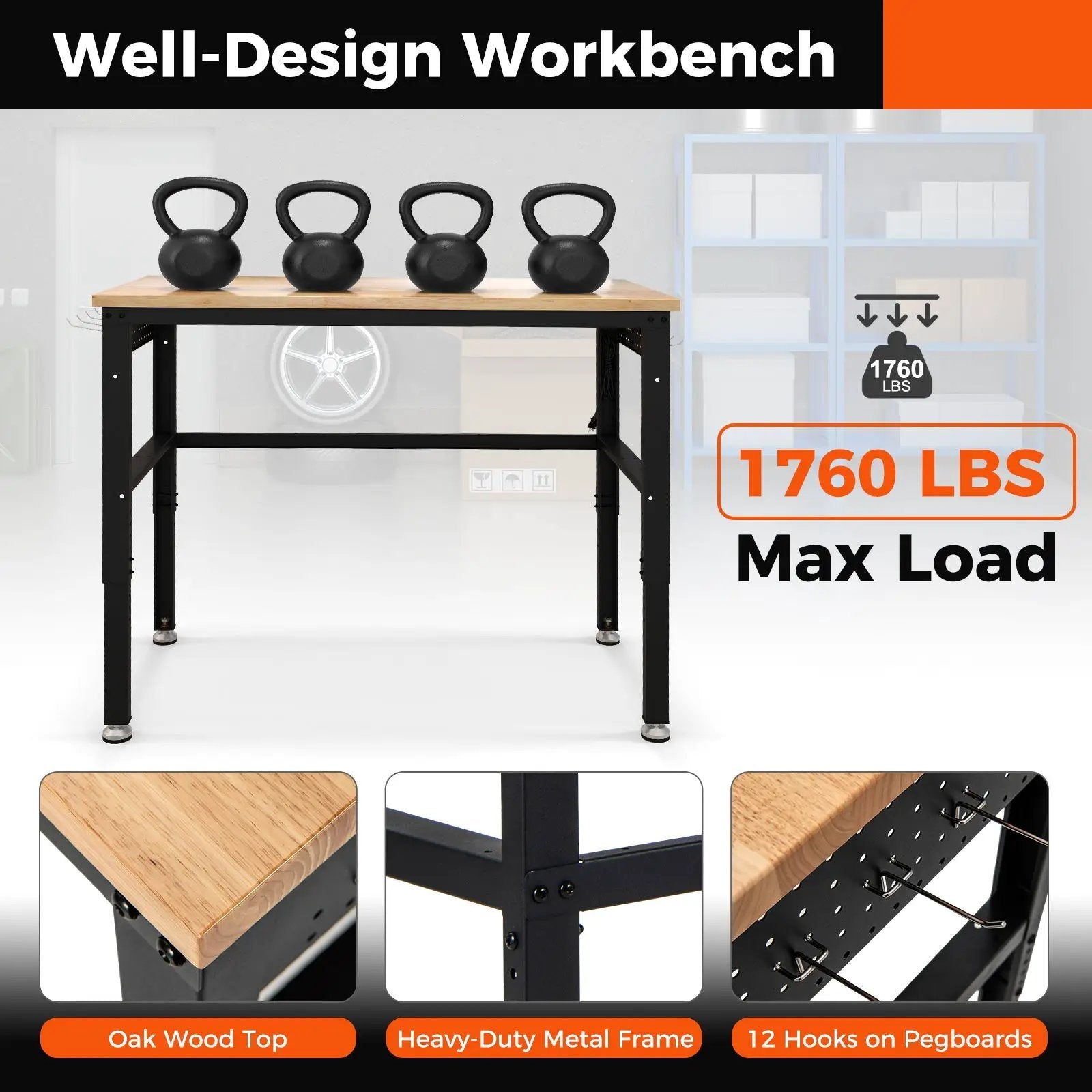 48 Inch Adjustable Work Bench with Power Outlets-Natural by DirectDeals