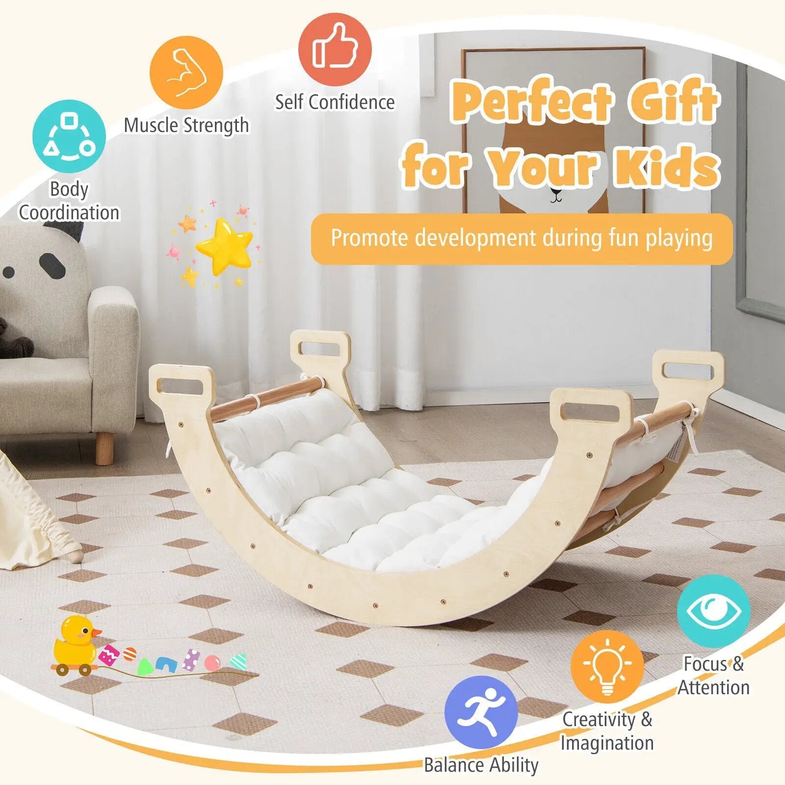 2-in-1 Arch Rocker with Soft Cushion for Toddlers-Natural by DirectDeals