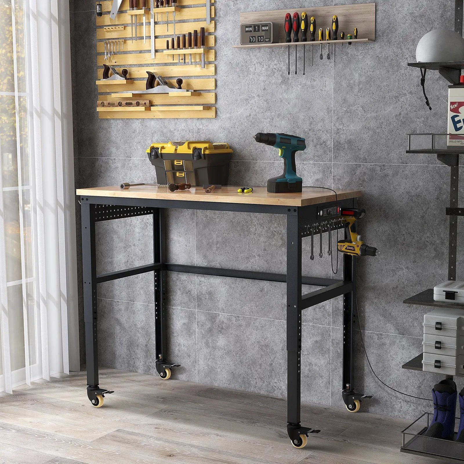 48 Inch Adjustable Work Bench with Power Outlets-Natural by DirectDeals