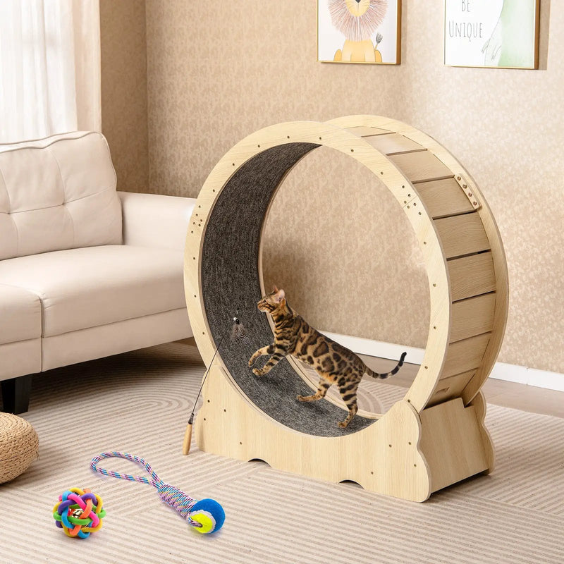 40 Inch Large Cat Exercise Wheel with Lockable Mechanism and Carpeted Runaway for Indoor Cats-Natural by DirectDeals