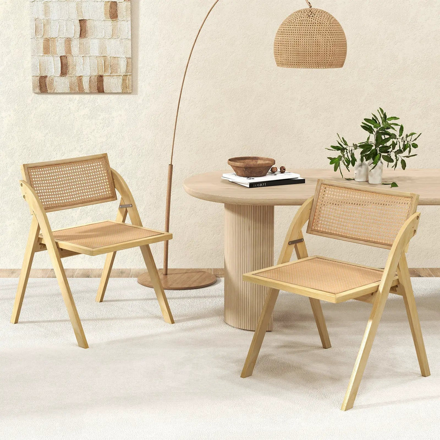 Foldable Dining Chairs Set of 2 with Woven Rattan Backrest by DirectDeals