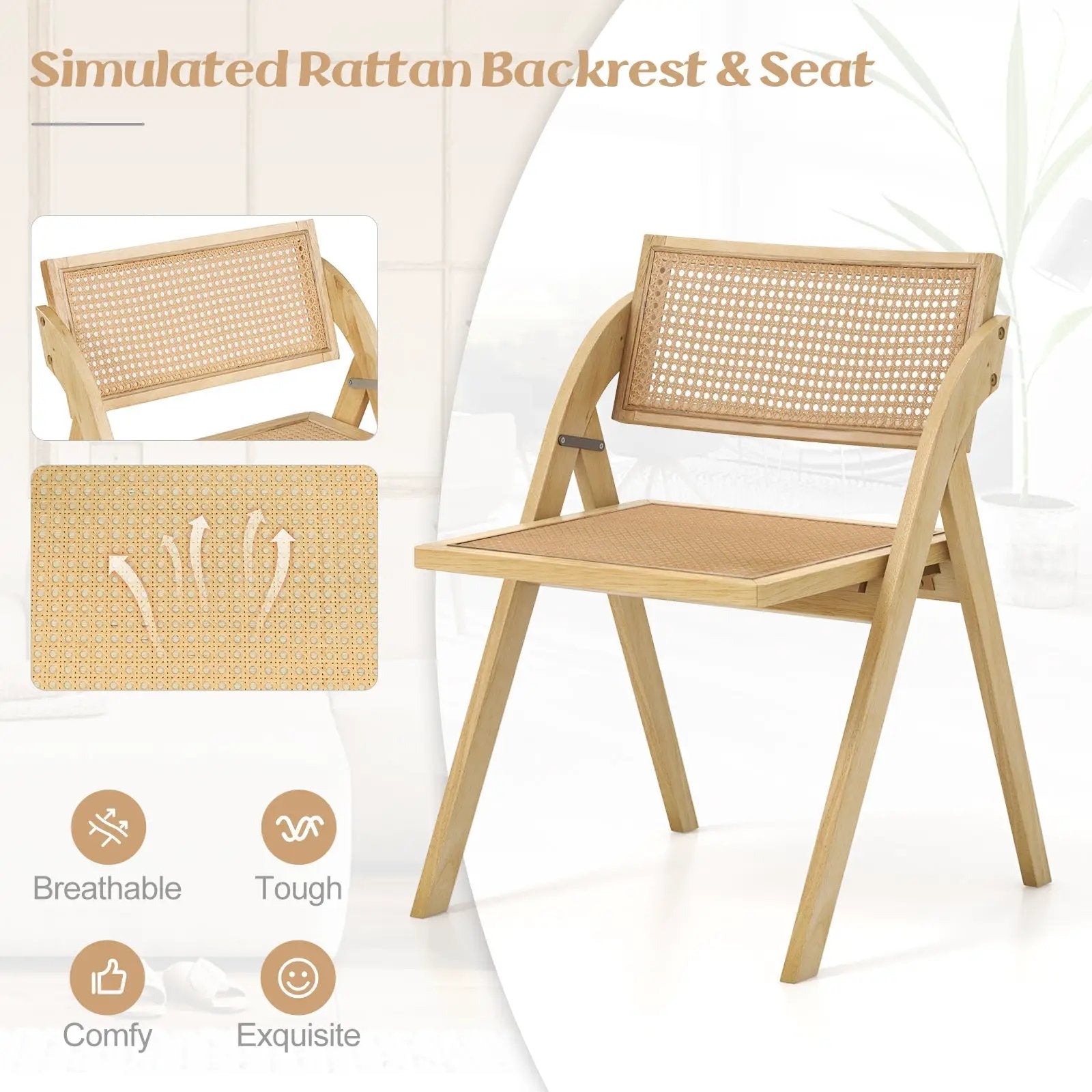 Foldable Dining Chairs Set of 2 with Woven Rattan Backrest by DirectDeals