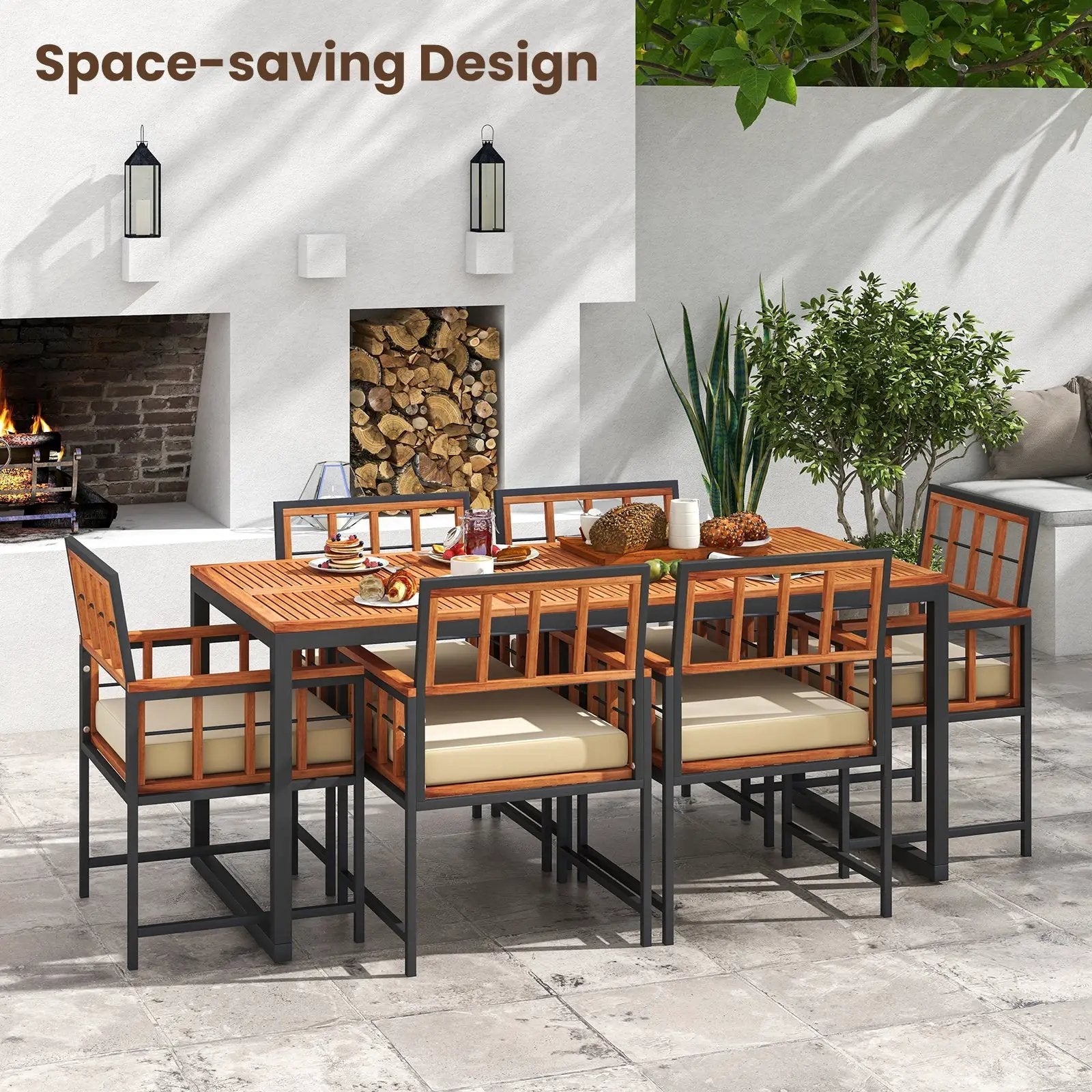 7 Pieces Patio Acacia Wood Dining Set with Soft Cushions and Umbrella Hole-Natural by DirectDeals