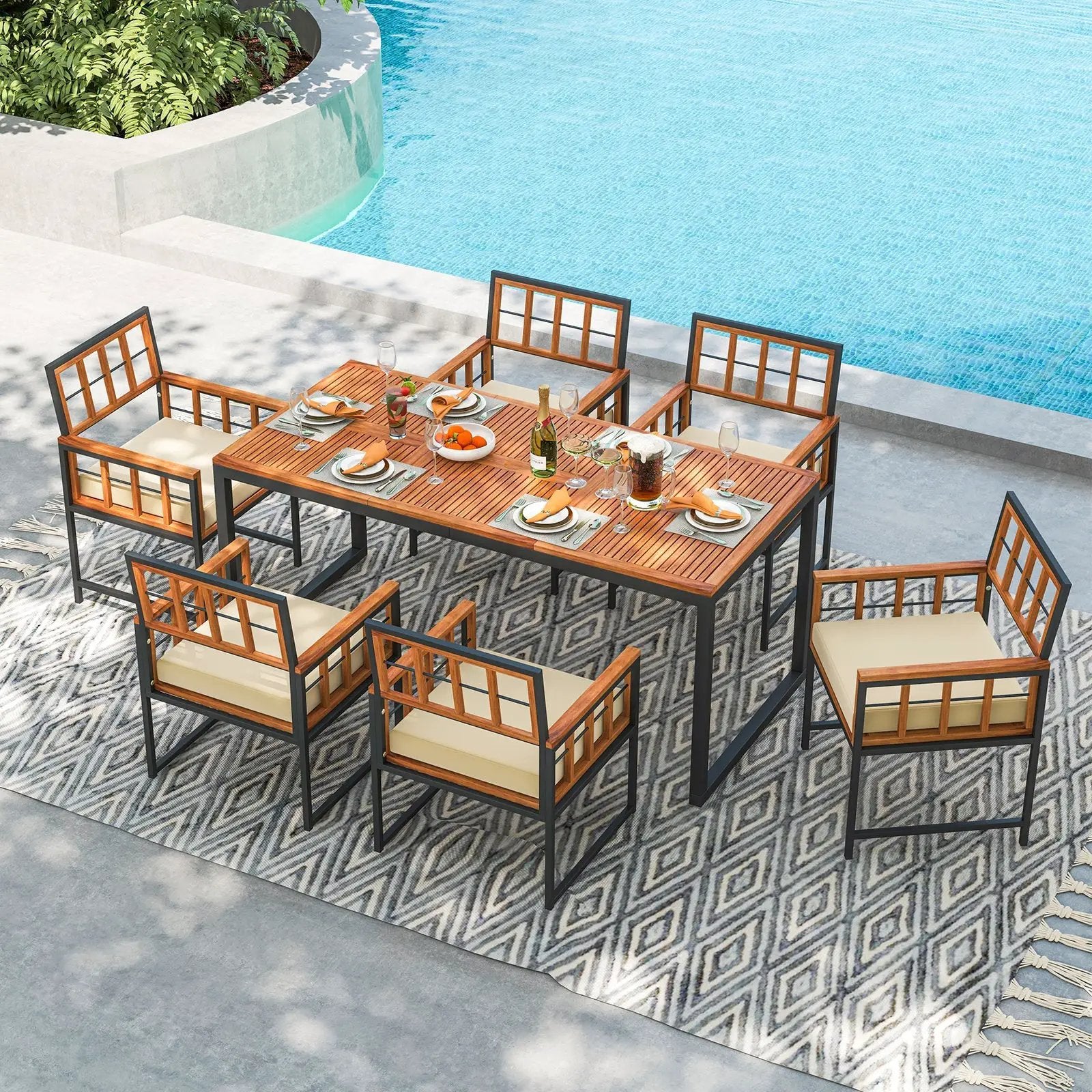 7 Pieces Patio Acacia Wood Dining Set with Soft Cushions and Umbrella Hole-Natural by DirectDeals
