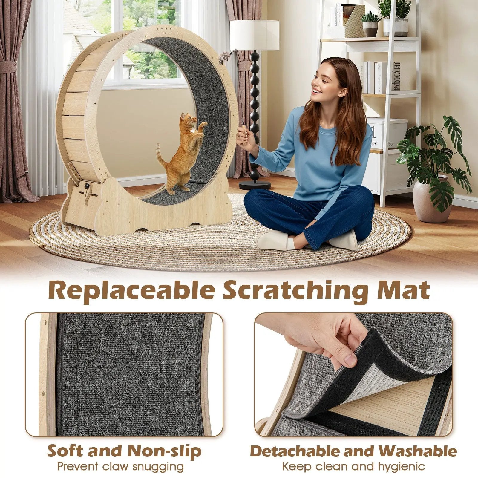40 Inch Large Cat Exercise Wheel with Lockable Mechanism and Carpeted Runaway for Indoor Cats-Natural by DirectDeals