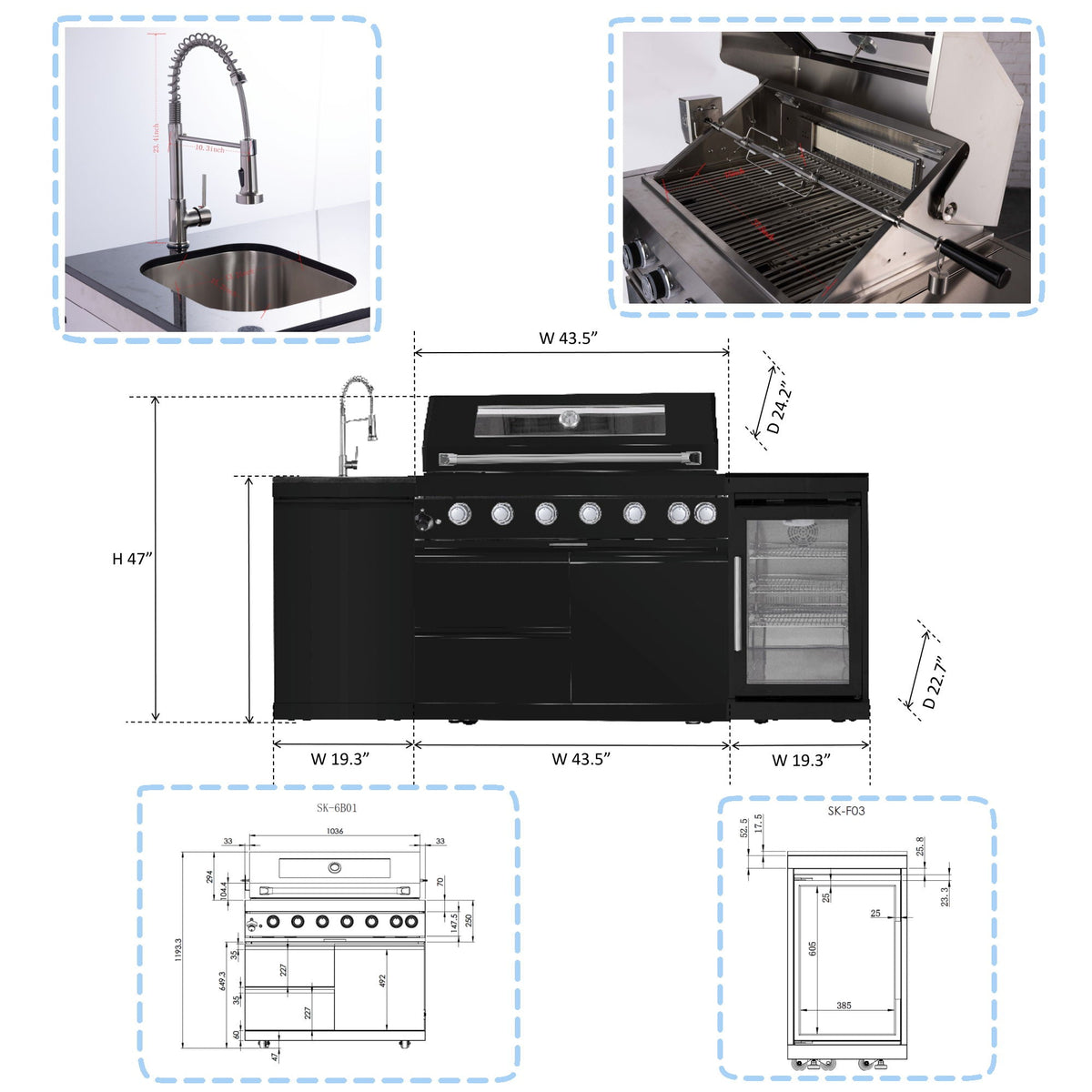6 Burner 85, 000 Btu Outdoor Kitchen Island Grill With Wine Cooler Refrigerator, Rotisserie Kit, Granite Countertops & Sink - Black, photo 2 of 4