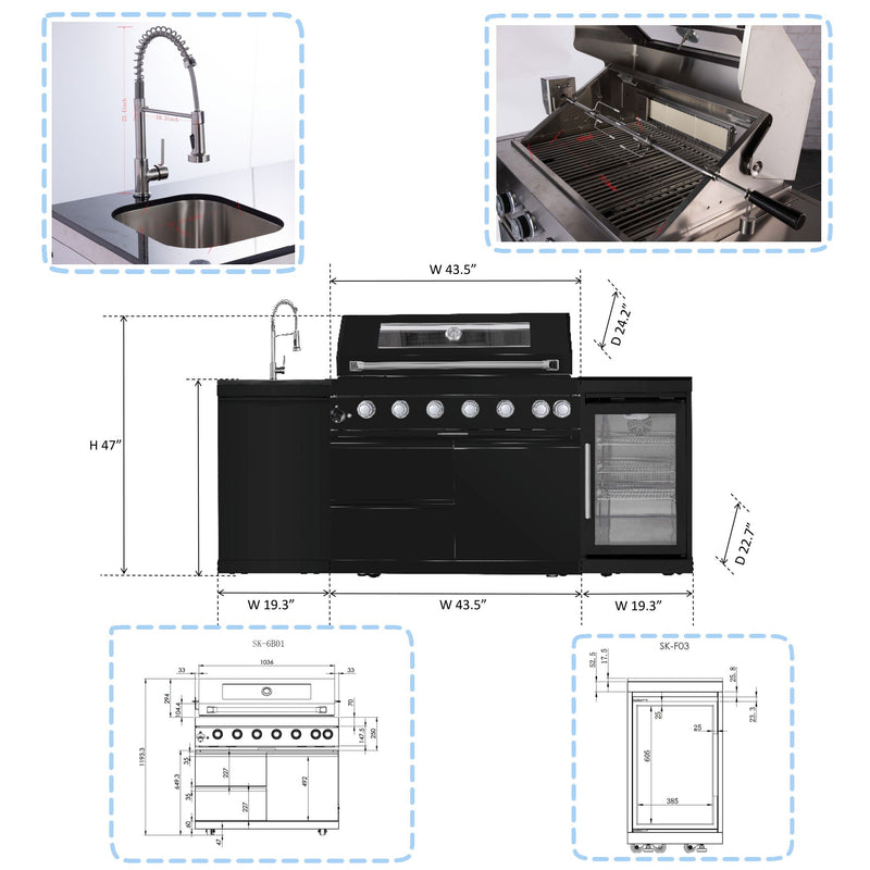 6 Burner 85, 000 Btu Outdoor Kitchen Island Grill With Wine Cooler Refrigerator, Rotisserie Kit, Granite Countertops & Sink - Black, photo 2 of 4