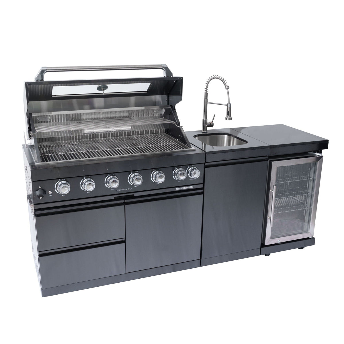 6 Burner 85, 000 Btu Outdoor Kitchen Island Grill With Wine Cooler Refrigerator, Rotisserie Kit, Granite Countertops & Sink - Black, photo 3 of 4