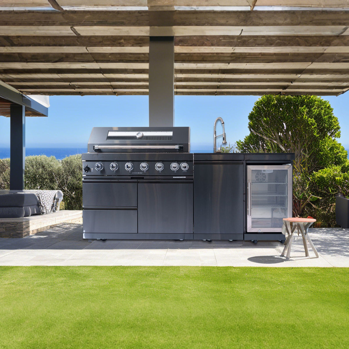 6 Burner 85, 000 Btu Outdoor Kitchen Island Grill With Wine Cooler Refrigerator, Rotisserie Kit, Granite Countertops & Sink - Black, photo 4 of 4