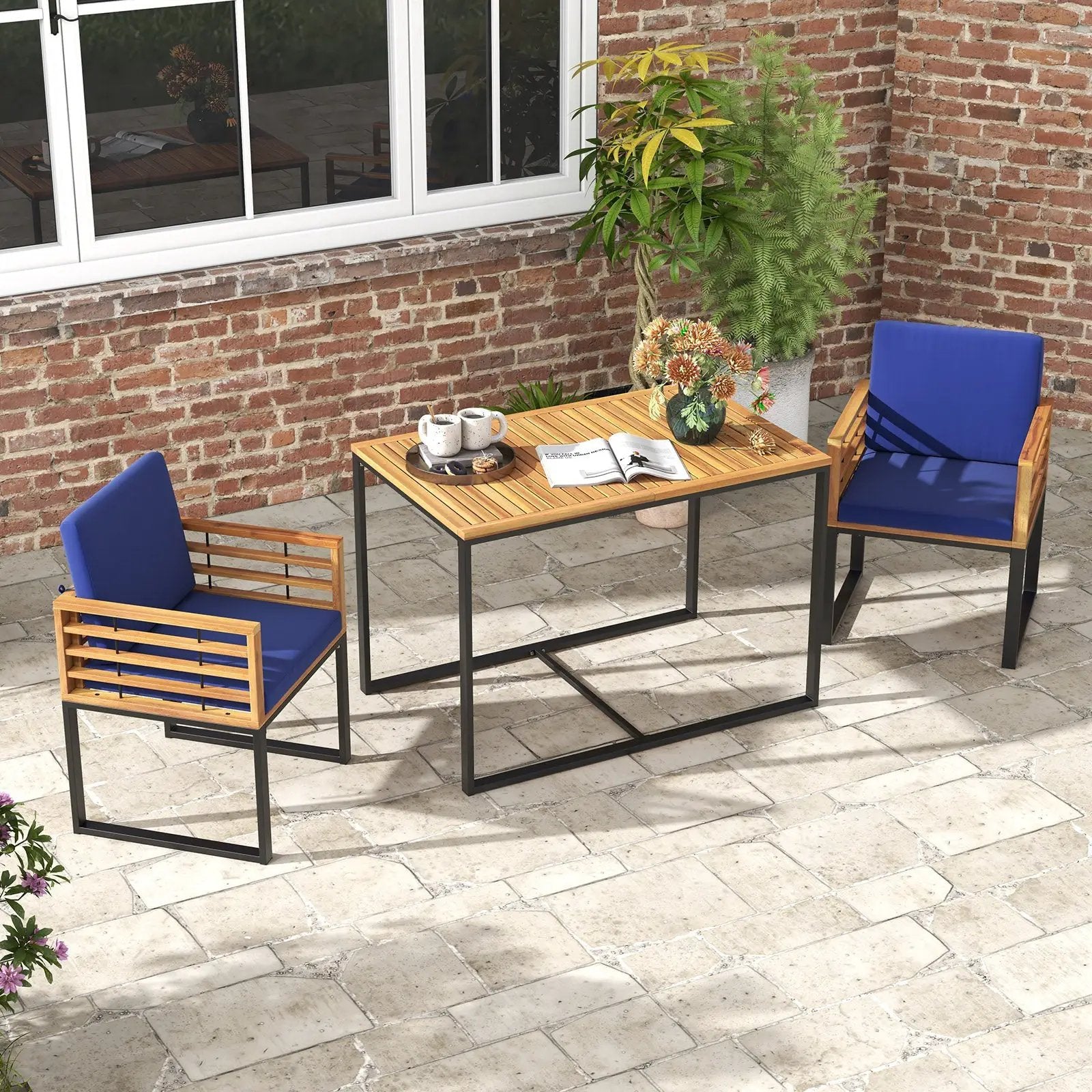 3 Pieces Outdoor Dining Set with 2 Acacia Wood Armchairs and Dining Table-Navy by DirectDeals