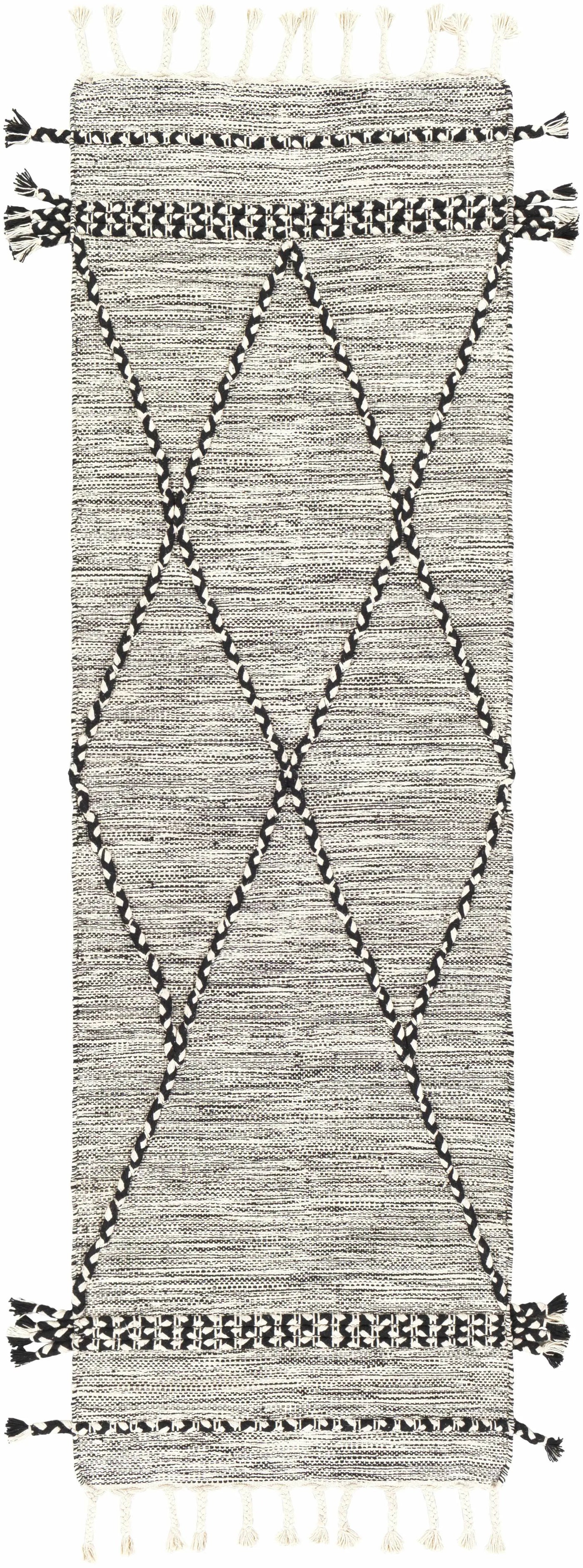 Neal Black/Cream Trellis Cotton Rug with Tassels - Clearance by Boutique Rugs