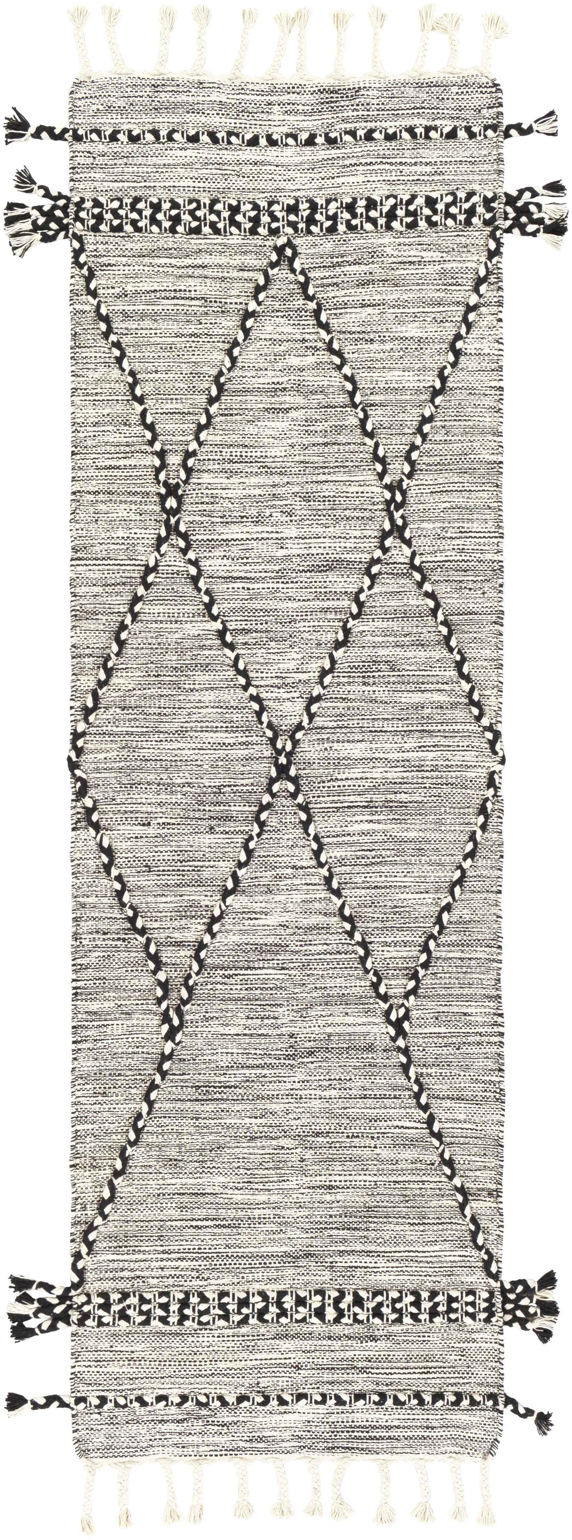 Neal Black/Cream Trellis Cotton Rug with Tassels - Clearance by Boutique Rugs