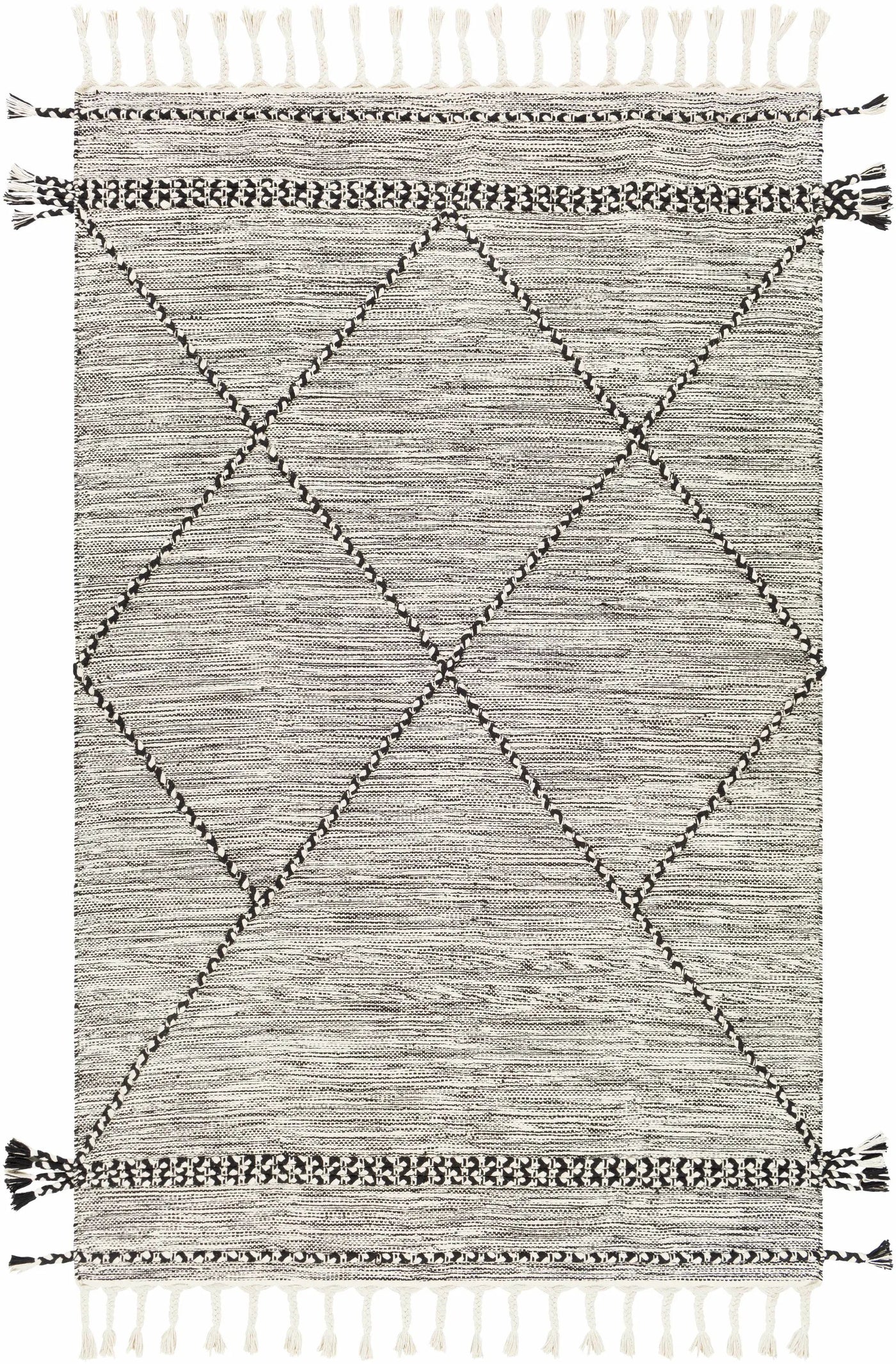 Neal Black/Cream Trellis Cotton Rug with Tassels - Clearance by Boutique Rugs