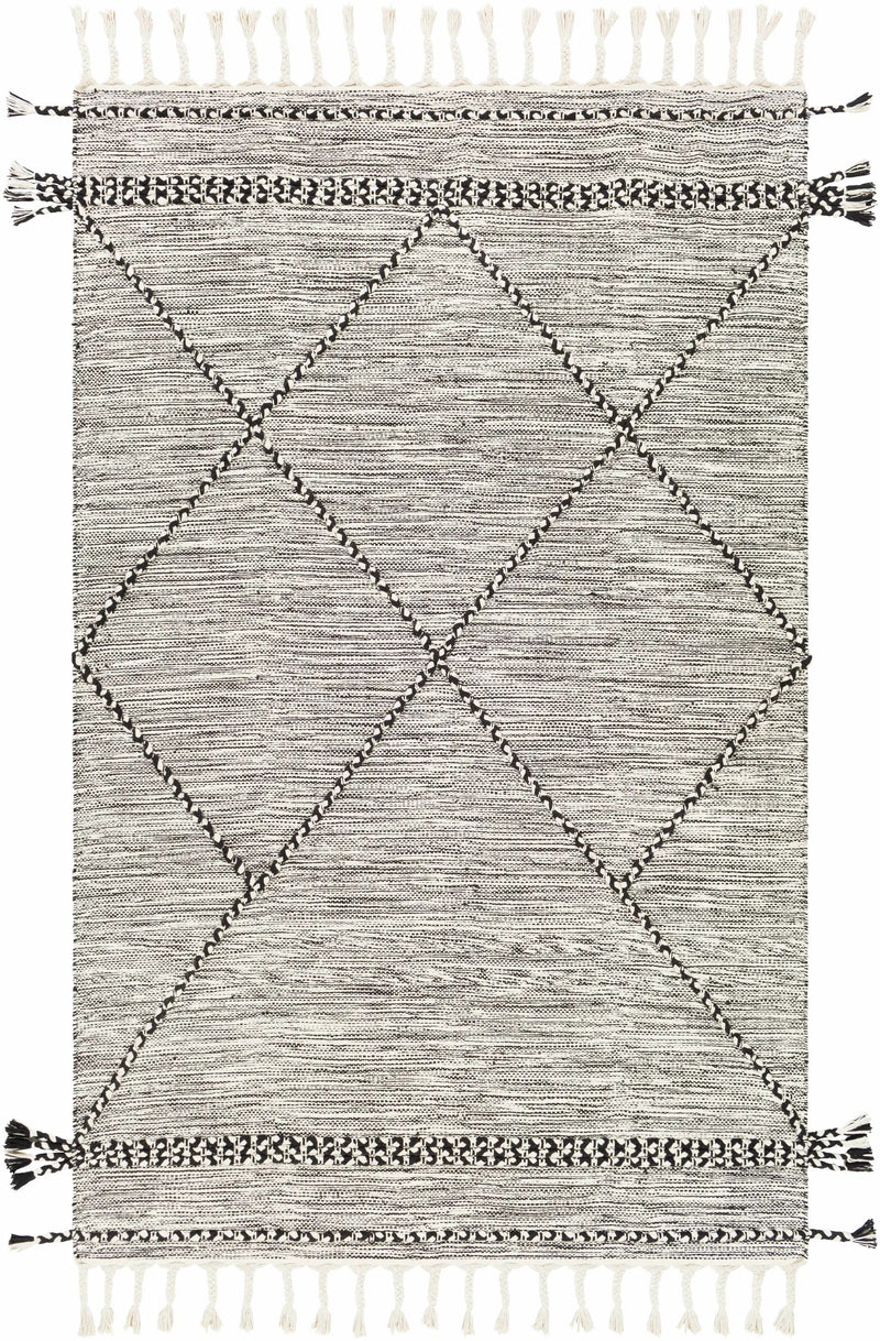 Neal Black/Cream Trellis Cotton Rug with Tassels - Clearance by Boutique Rugs