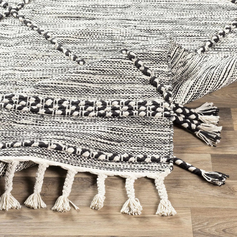 Neal Black/Cream Trellis Cotton Rug with Tassels - Clearance by Boutique Rugs