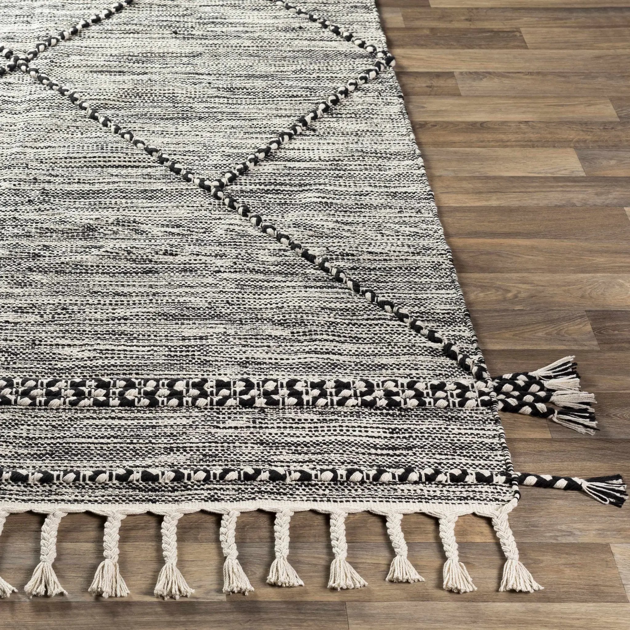 Neal Black/Cream Trellis Cotton Rug with Tassels - Clearance by Boutique Rugs