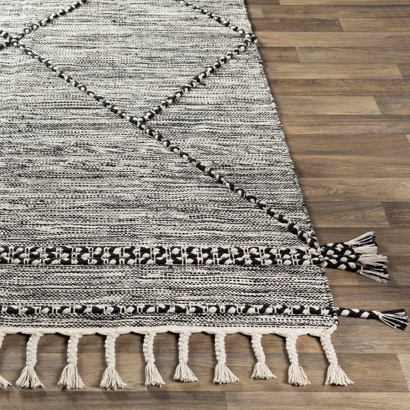 Neal Black/Cream Trellis Cotton Rug with Tassels - Clearance by Boutique Rugs
