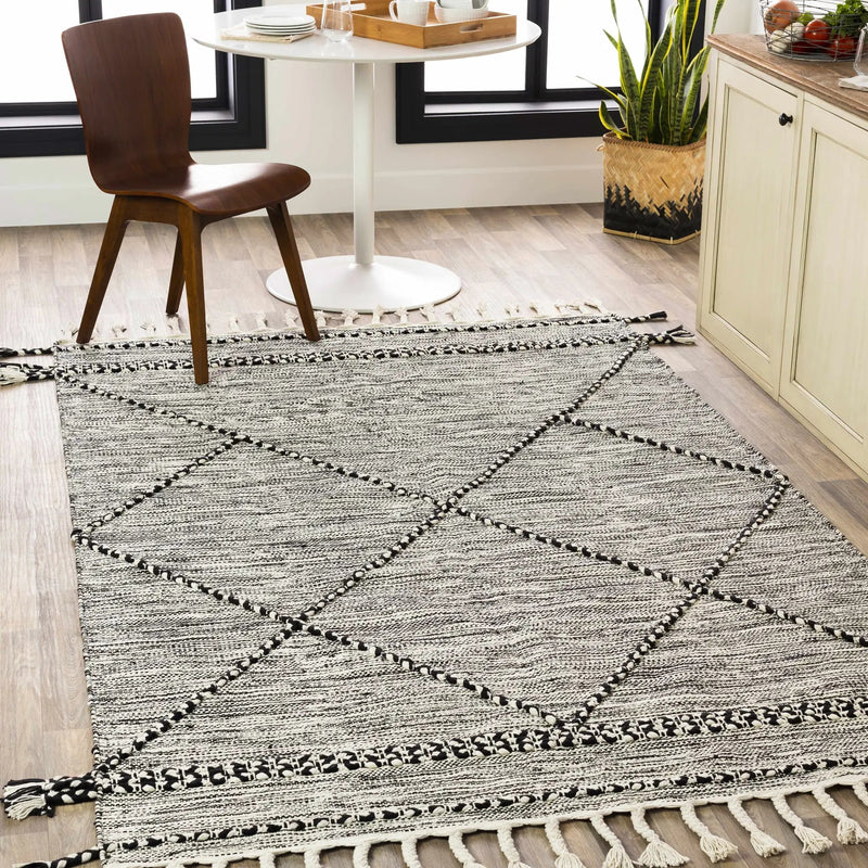 Neal Black/Cream Trellis Cotton Rug with Tassels - Clearance by Boutique Rugs