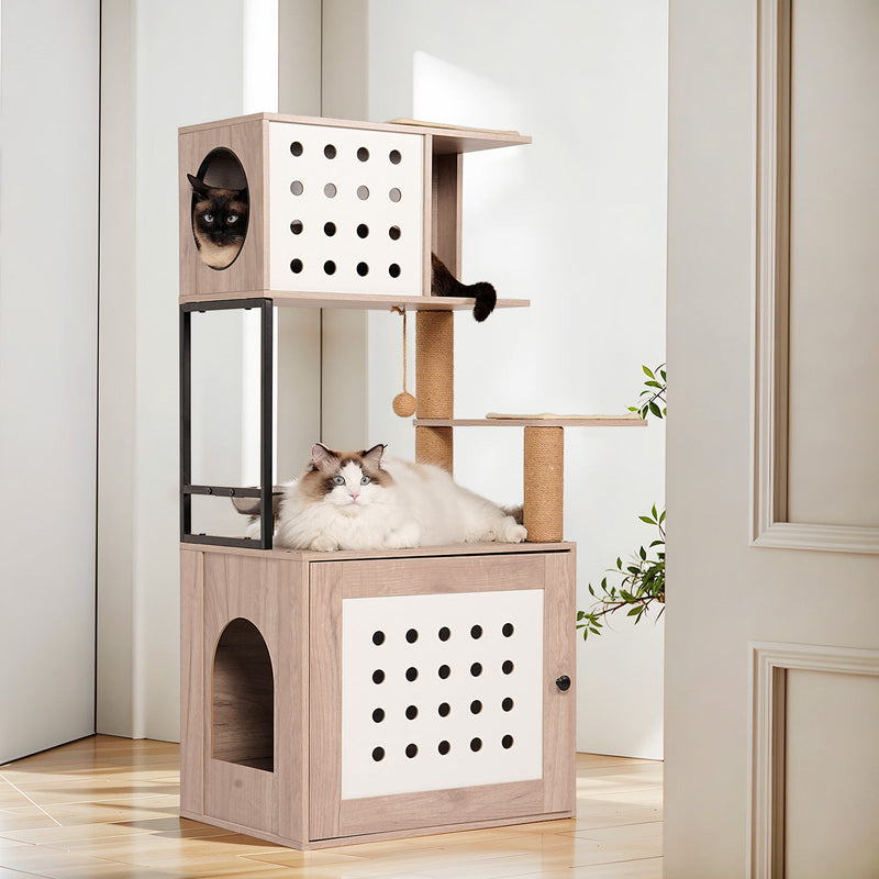 Cat Tree with Litter Box Enclosure and Large Hammock - Gray & White, photo 3 of 13
