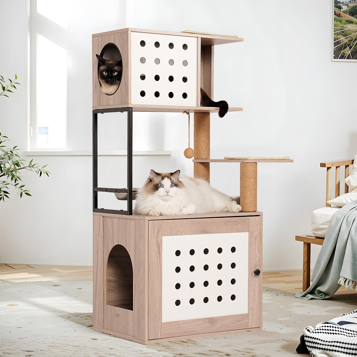 Cat Tree with Litter Box Enclosure and Large Hammock - Gray & White, photo 4 of 13