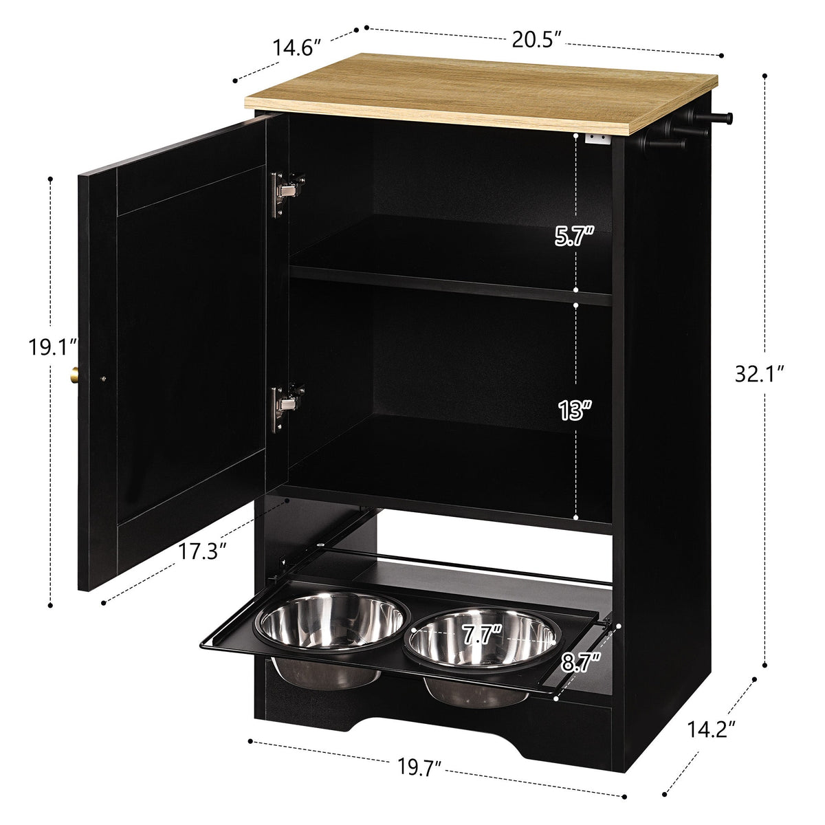 Feeding Station with Storage Cabinet and Stainless Steel Bowls - Black, photo 10 of 13
