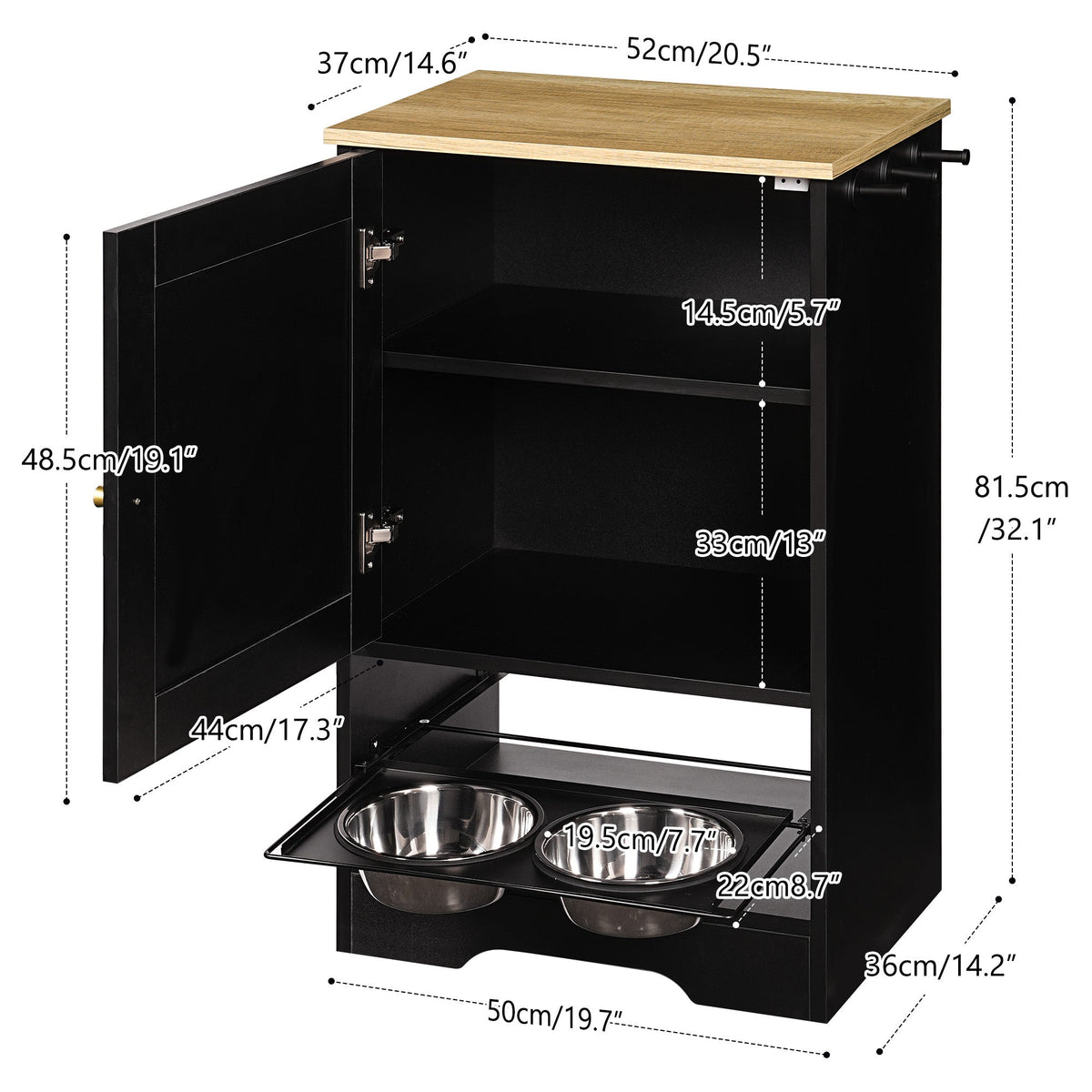 Feeding Station with Storage Cabinet and Stainless Steel Bowls - Black, photo 11 of 13