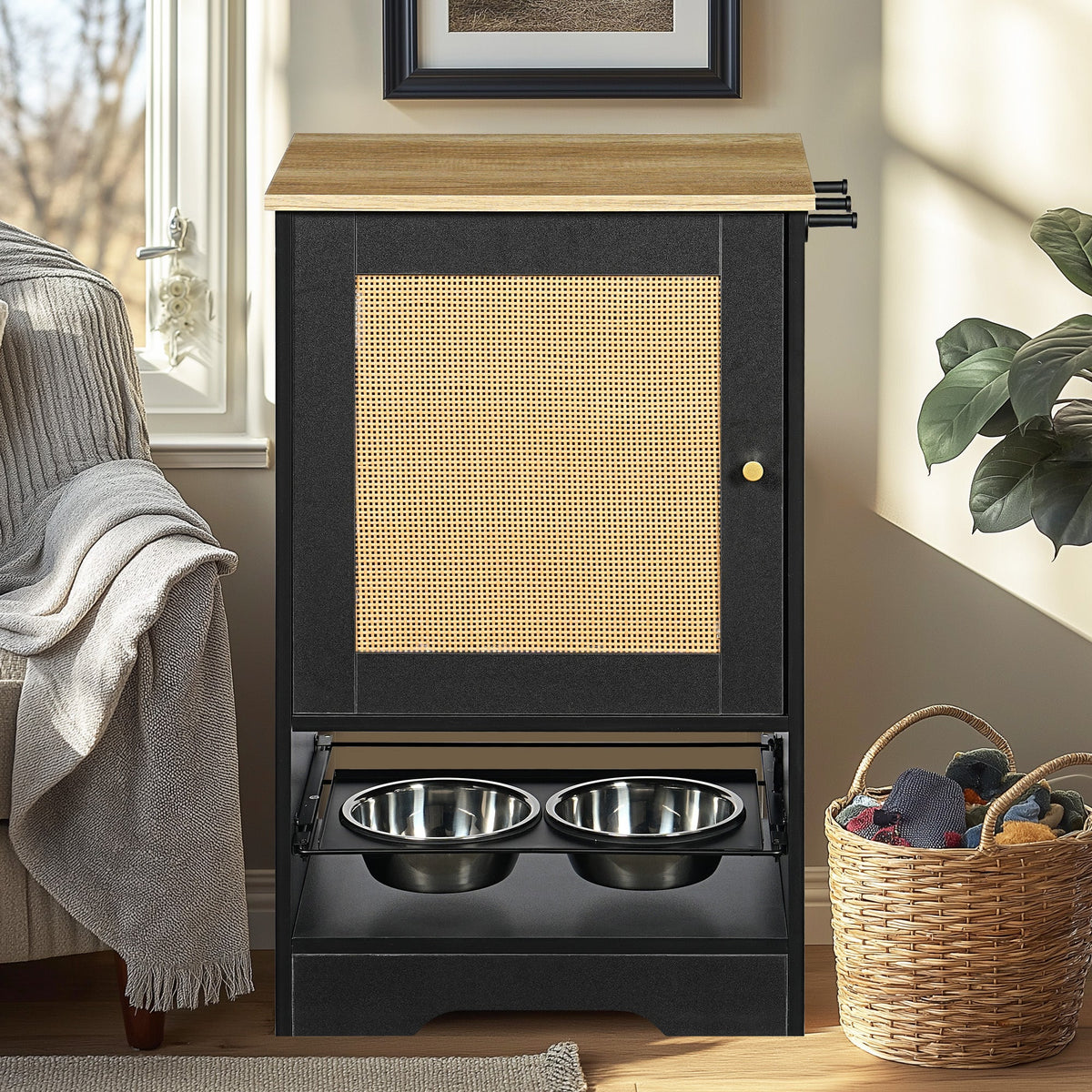 Feeding Station with Storage Cabinet and Stainless Steel Bowls - Black, photo 4 of 13