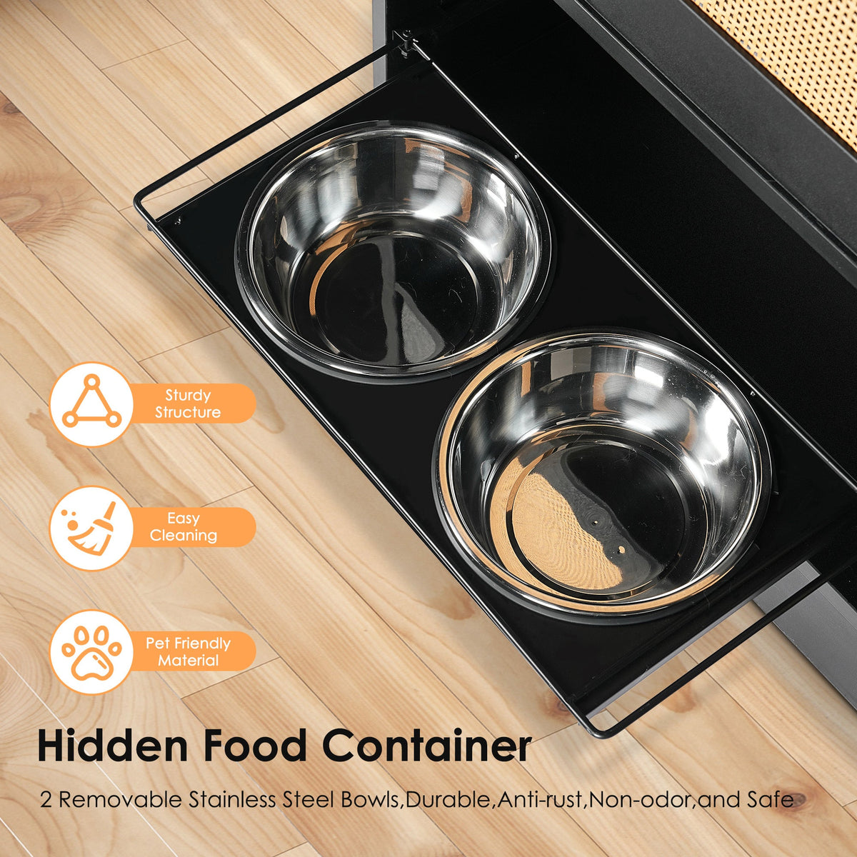 Feeding Station with Storage Cabinet and Stainless Steel Bowls - Black, photo 6 of 13