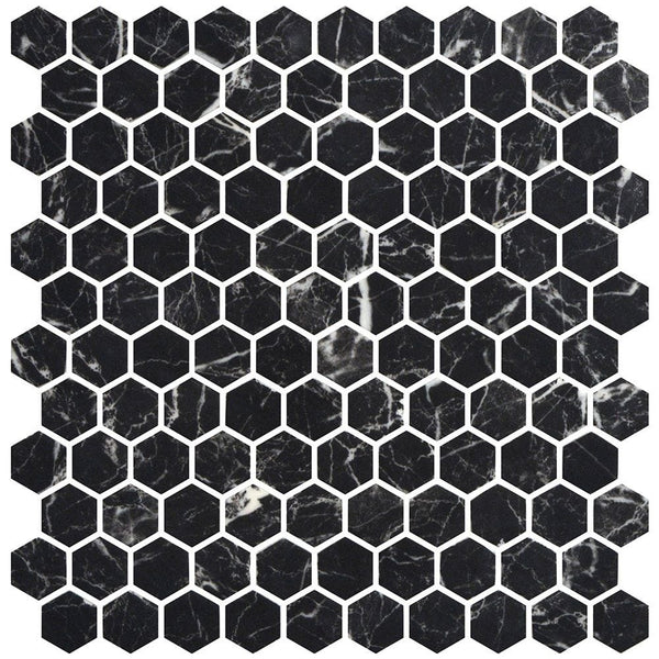 Nero Marquina Anti Slip Hexagon Glass Mosaics 11 3/4x11 1/2