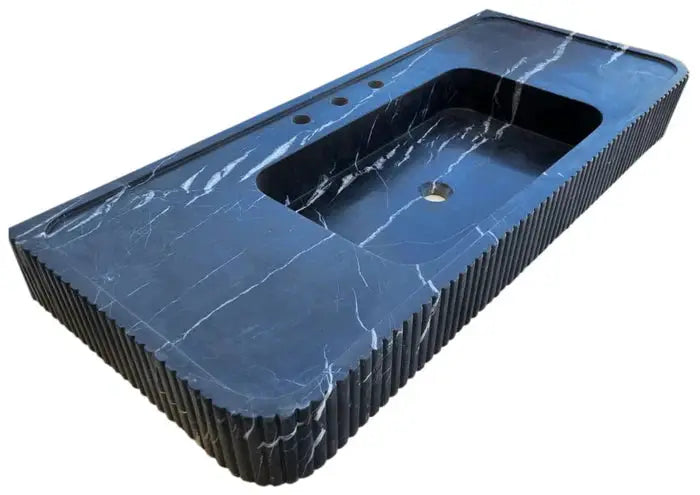 Nero Marquina Black Marble Hand Carved Fluted Wall Mount Bathroom Vanity Sink 48 x 20 by GobekDesign