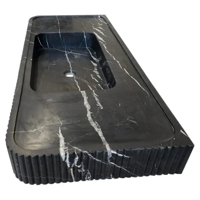 Nero Marquina Black Marble Hand Carved Fluted Wall Mount Bathroom Vanity Sink 48 x 20 by GobekDesign