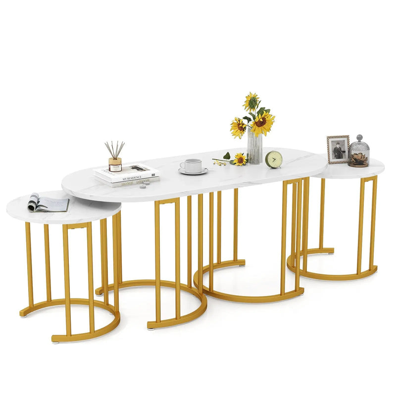 Nesting Coffee Table Set of 3 with Faux Marble Tabletop and Powder-coated Gold Metal Frame-White by DirectDeals