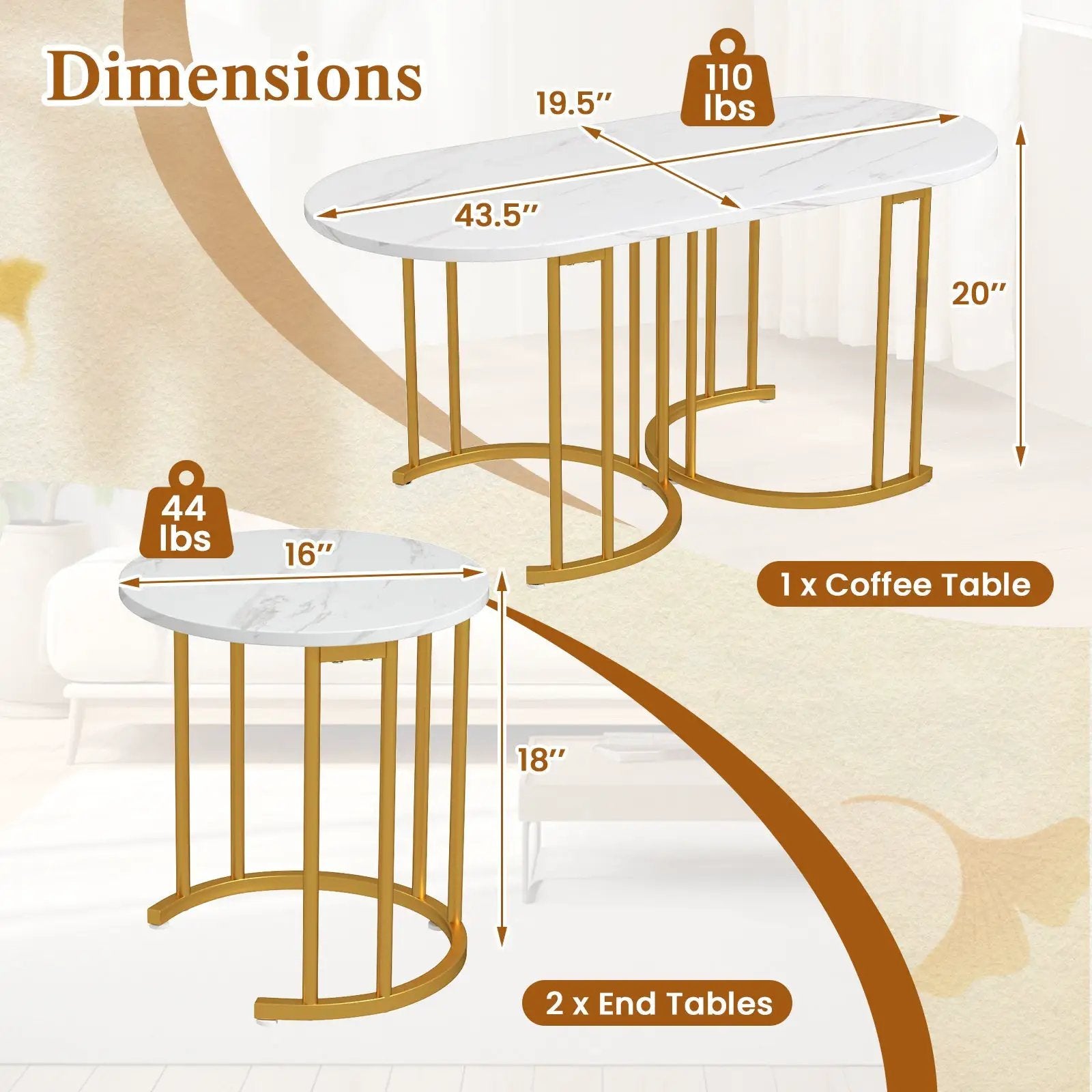 Nesting Coffee Table Set of 3 with Faux Marble Tabletop and Powder-coated Gold Metal Frame-White by DirectDeals