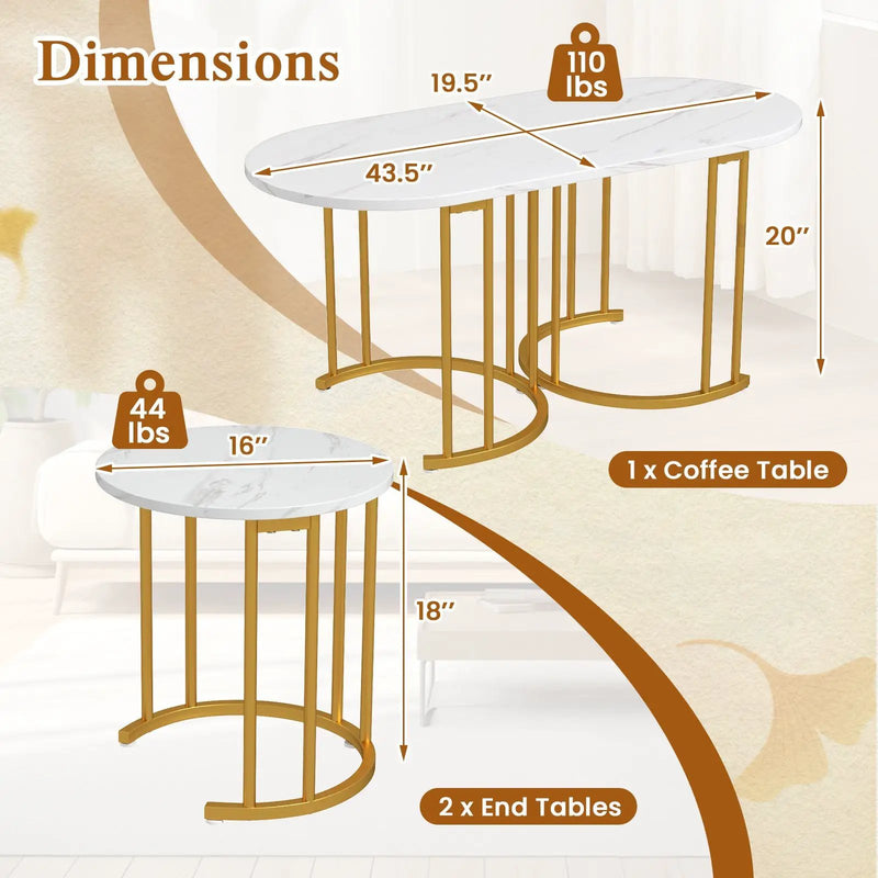 Nesting Coffee Table Set of 3 with Faux Marble Tabletop and Powder-coated Gold Metal Frame-White by DirectDeals